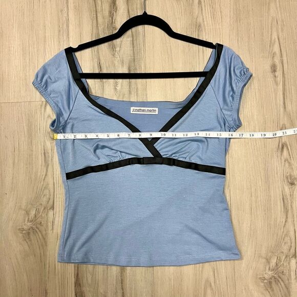 Vintage y2k Jonathan Martin top. Deep v neckline empire in blue and black szL - Picture 6 of 11